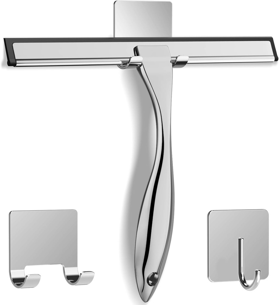All-Purpose Stainless Steel Shower Squeegee for Shower Glass Door with 2 Hooks