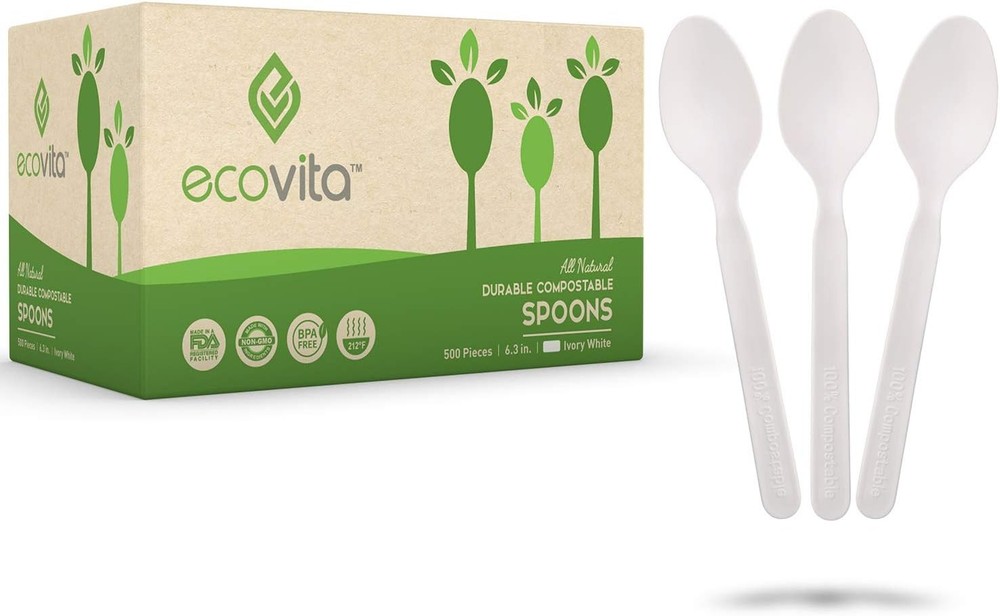 Ecovita 100% Compostable Spoons – 500 Large Disposable Utensils (6.5 in.) Bulk