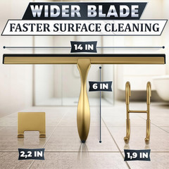 Shower Door Squeegee with Hook – 14″ Silicone Blade, Stainless Steel Gold Squeeg