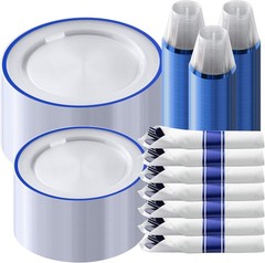 Goodluck 350 Piece Dark Blue Plastic Dinnerware Set for Party, Clear Disposabl