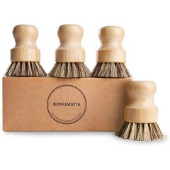 Natural Bamboo Dish Brush Set 4 Pack Kitchen Palm Pot Scrubber with Union Fiber
