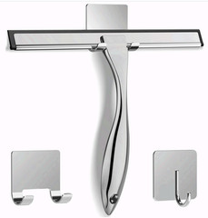 Stainless Steel Shower Squeegee w Hooks for Glass Mirror Tile 10in