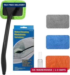Portable Windshield Cleaner Tool with Extended Long Handle & 4 Microfiber Pads