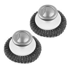 2 Pack Stainless Steel Wool Scrubber with Handle Heavy Duty Scouring Pads Gray